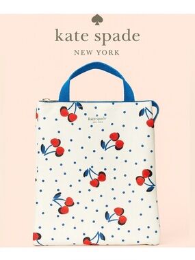Kate Spade White Cherry Print Tote Bag with Blue Handles - NWOT